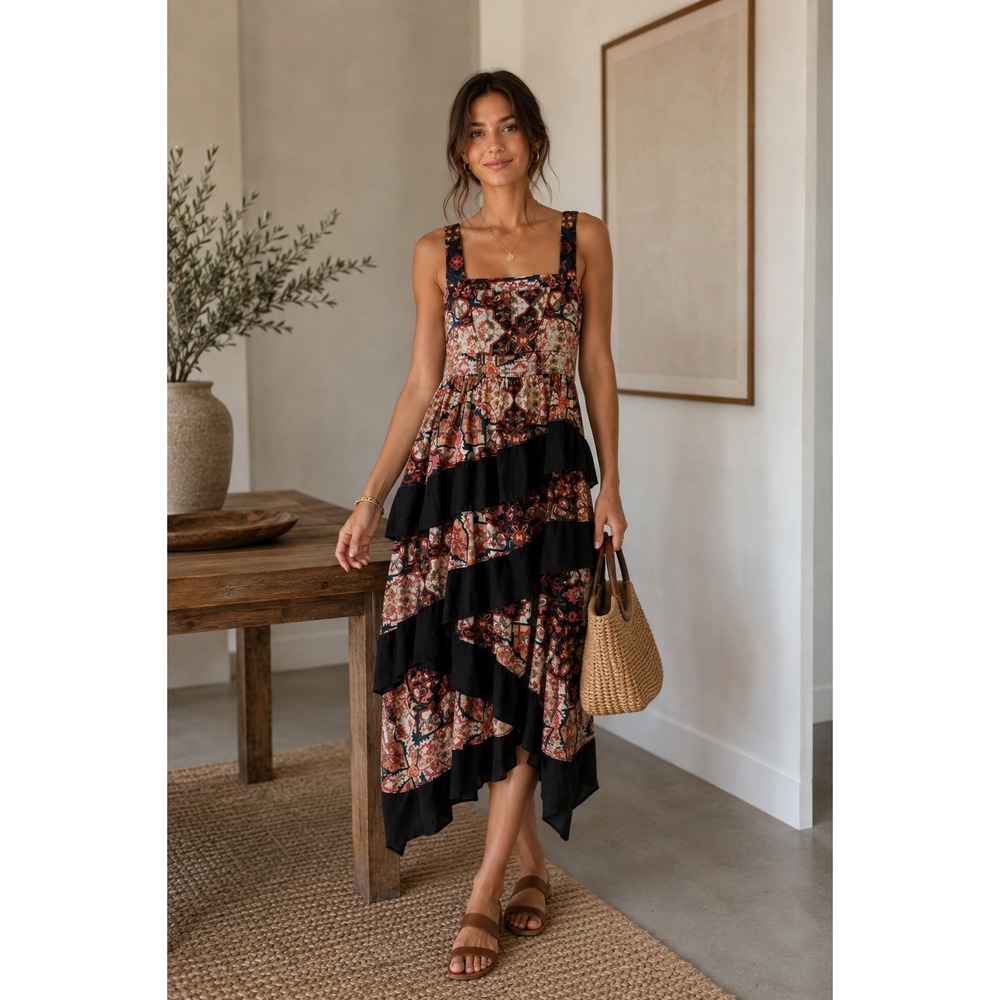 Anthropologie Midi Dress Womens XS Square Neck Tapestry Tiered Ruffle